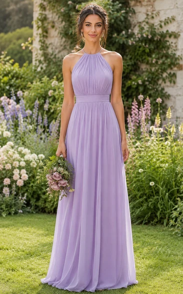 Lavender Halter A-Line Chiffon Bridesmaid Dress with Keyhole Back