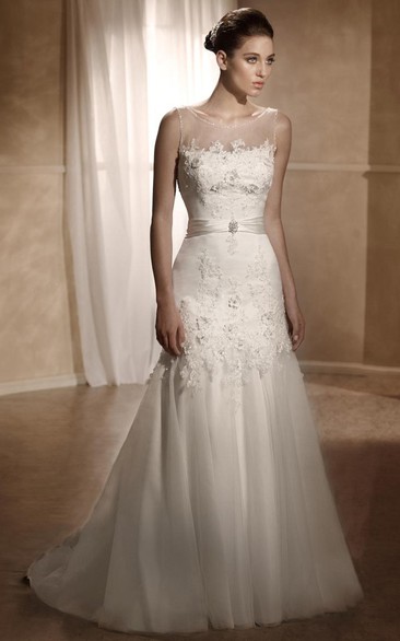 A-Line Long Bateau Sleeveless Appliqued Tulle&Satin Wedding Dress With Pleats And Deep-V Back