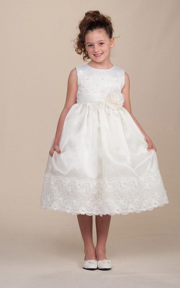 Tea-Length Pleated Floral Lace&Satin Flower Girl Dress With Sash