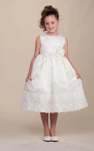 Tea-Length Pleated Floral Lace&Satin Flower Girl Dress With Sash