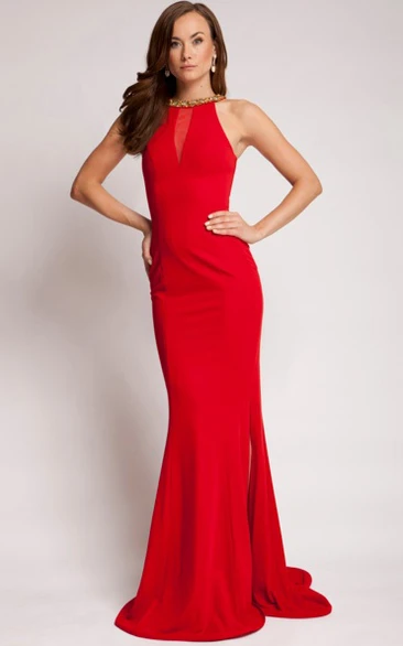 Sheath Floor-Length Sleeveless Jewel Jersey Prom Dress With Brush Train
