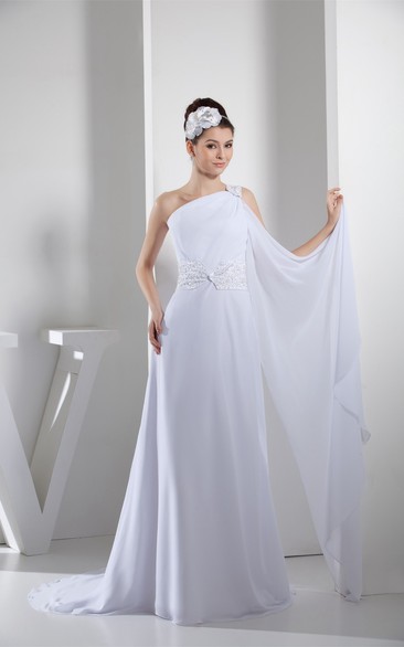 Side Draping One Shoulder A-Line Dress With Beadings and Sweep Train