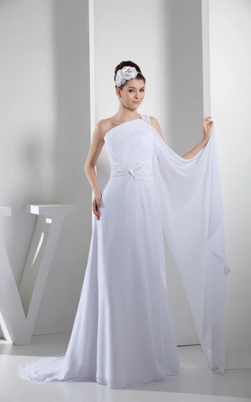 Side Draping One Shoulder A-Line Dress With Beadings and Sweep Train