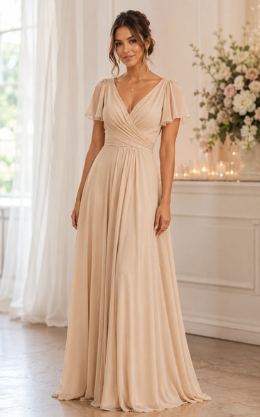 Champagne V-Neck Short Sleeve Chiffon A-Line Bridesmaid Dress