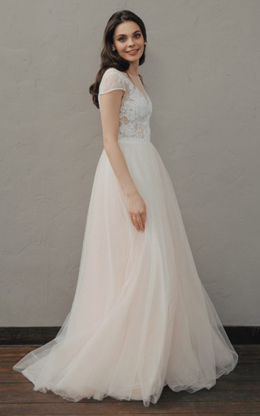 Elegant A Line Lace and Tulle V-neck Simple Wedding Dress with Ruching