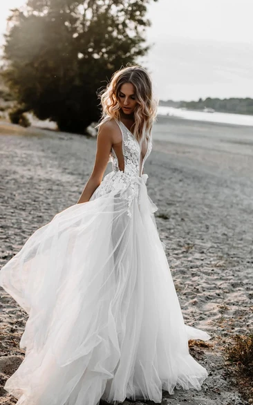 Boho Tulle Wedding Dress with Plunging Illusion Neckline