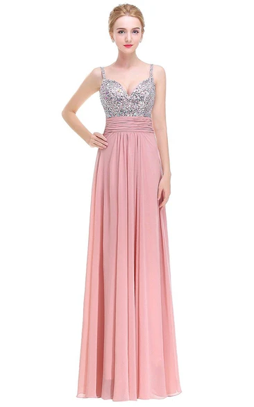 A-line Floor-length Dress with Beaded Bodice and V-back