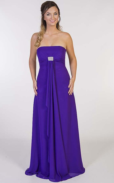 A-Line Strapless Long Broach Sleeveless Chiffon Prom Dress With Draping