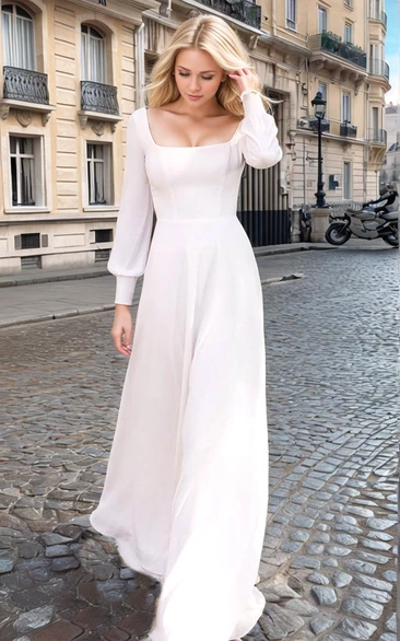 Square Neck Elegant Solid Puff Long Sleeve Empire Wedding Dress