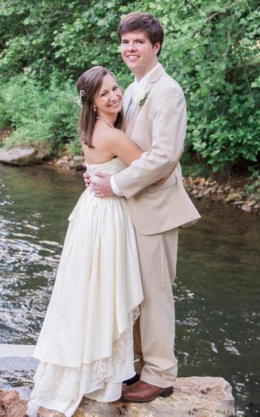 A Line Strapless High Low Lace Chiffon Backless Tiered Wedding Bridal Gown