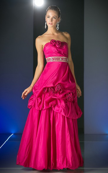 A-Line Long Strapless Sleeveless Taffeta Backless Dress With Pick Up And Flower