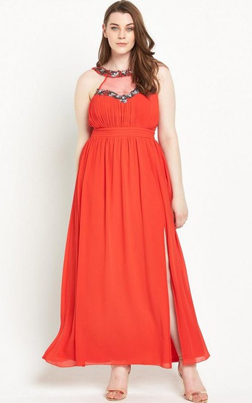 Ankle-Length Sleeveless Beaded Scoop Neck Chiffon Bridesmaid Dress