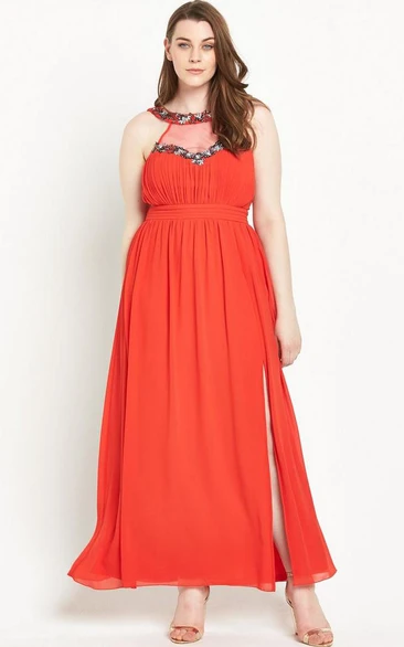 Ankle-Length Sleeveless Beaded Scoop Neck Chiffon Bridesmaid Dress