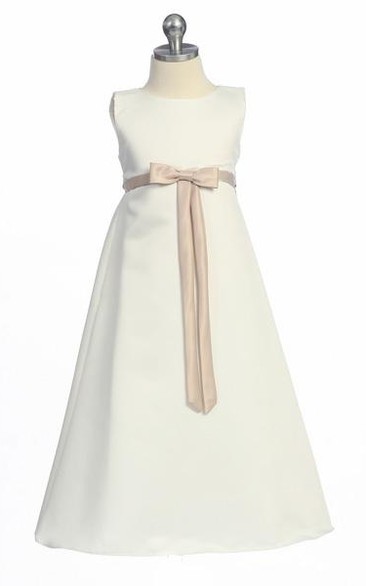 Ankle-Length Bowed Sleeveless Satin Flower Girl Dress