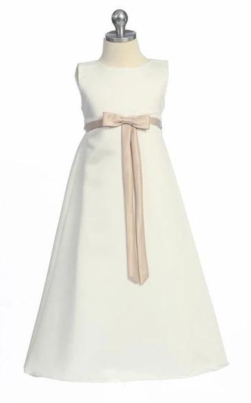 Ankle-Length Bowed Sleeveless Satin Flower Girl Dress