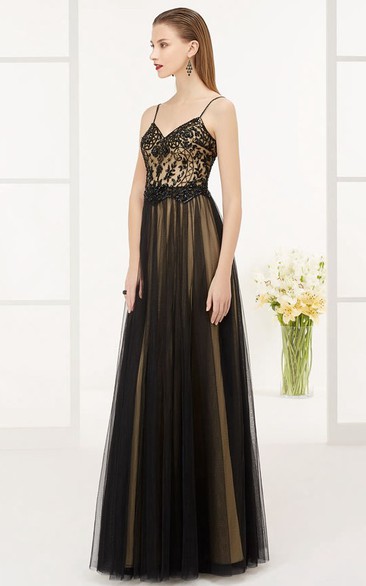 Low V Back A-Line Tulle Long Prom Dress With Lace Top And Spaghetti Straps