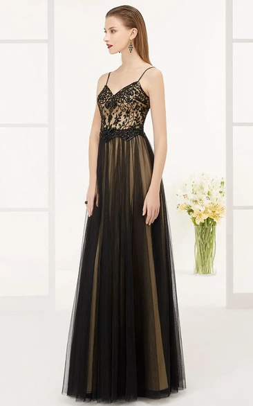 Low V Back A-Line Tulle Long Prom Dress With Lace Top And Spaghetti Straps