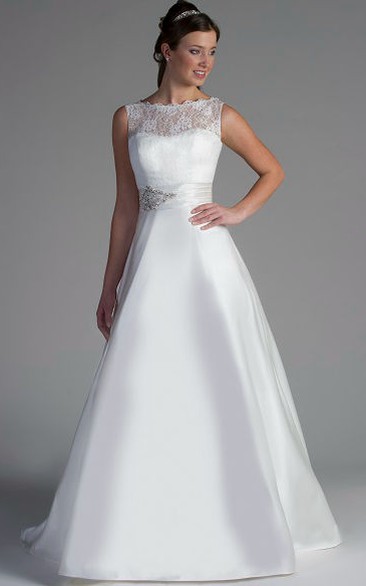 Bateau Neck Lace Top A-Line Satin Bridal Gown With Beading Sash