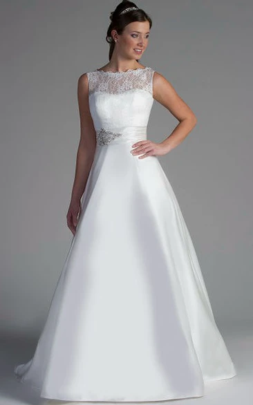 Bateau Neck Lace Top A-Line Satin Bridal Gown With Beading Sash