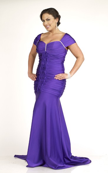 Mermaid Floor-length Cap Satin Ruching Sweep Train Zipper Dress