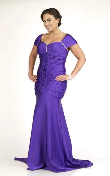 Mermaid Floor-length Cap Satin Ruching Sweep Train Zipper Dress