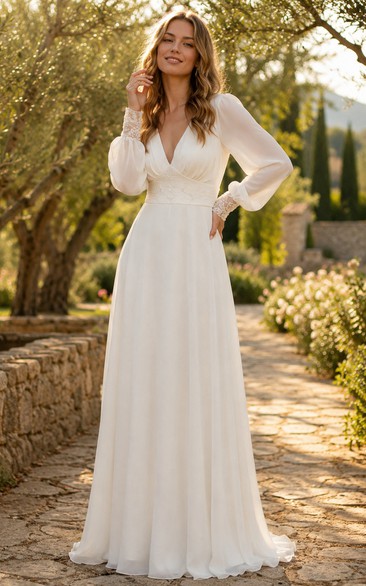Long Sleeve Chiffon A-Line Wedding Dress with Lace Open Back