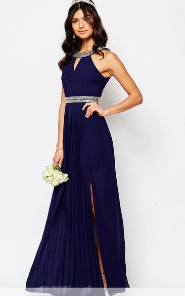 Ankle-Length Sleeveless High Neck Beaded Chiffon Bridesmaid Dress