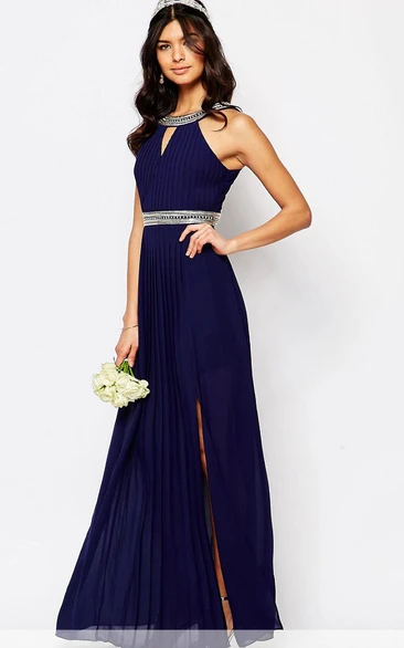 Ankle-Length Sleeveless High Neck Beaded Chiffon Bridesmaid Dress