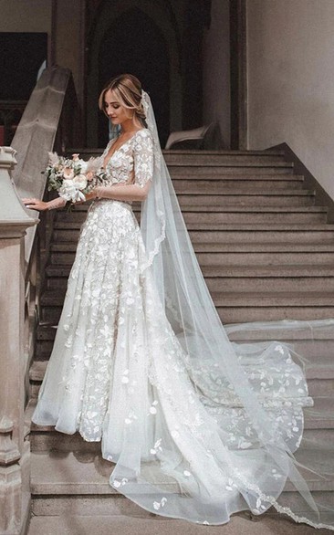 Lace V-neck Backless Half-sleeve A-line Vintage Boho Wedding Dress with Beaded Waist