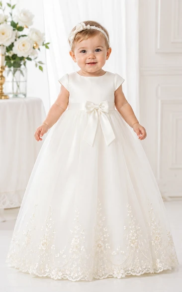 Baby Christening Gown Modest A-Line Cap Sleeve Tulle Lace Floor-Length with Bow Sash in White