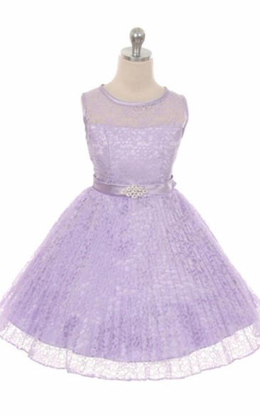 Illusion Tea-Length Pleated Lace&Satin Flower Girl Dress