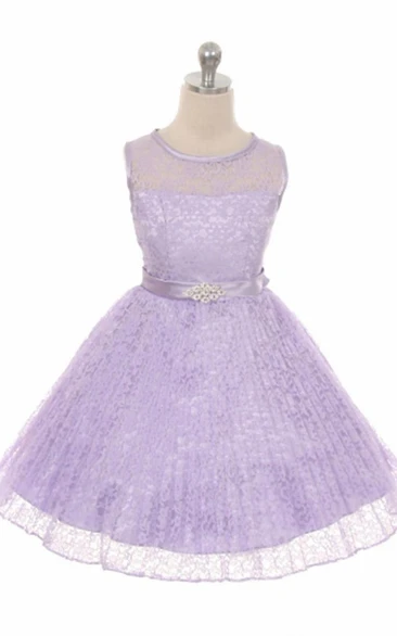 Illusion Tea-Length Pleated Lace&Satin Flower Girl Dress