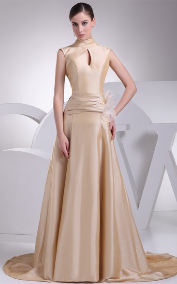 High-Neck A-Line Sleeveless Keyhole and Dress With Flower