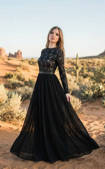 Tiered A-Line Chiffon Gown with Lace Sleeves