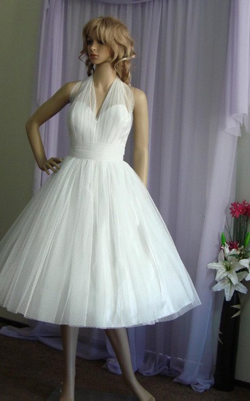 A-Line Tulle Knee Length Dress With Sash and Halter