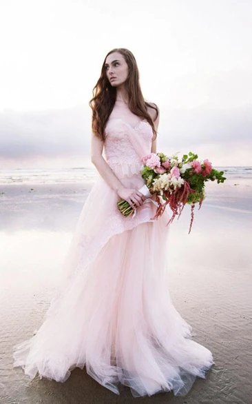 Subtle Pink Strapless Sweetheart A-line Tulle Beach Wedding Dress