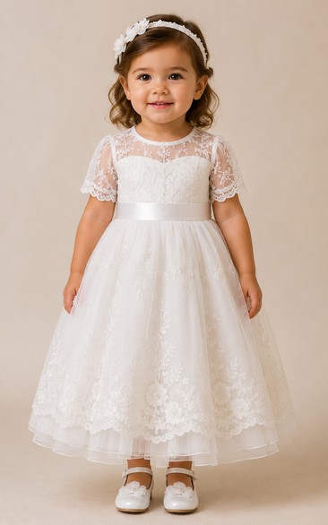Baby Christening Gown Modest A-Line Cap Sleeve Tulle Lace Tea-Length with Bow Sash in White