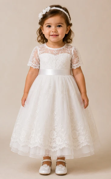 Baby Christening Gown Modest A-Line Cap Sleeve Tulle Lace Tea-Length with Bow Sash in White
