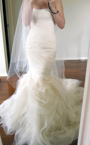 Sweetheart Court Train Tiered Mermaid Ivory Wedding Dress Ruched