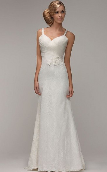 Sheath Sleeveless Spaghetti Long Criss-Cross Lace Wedding Dress With Flower And Appliques