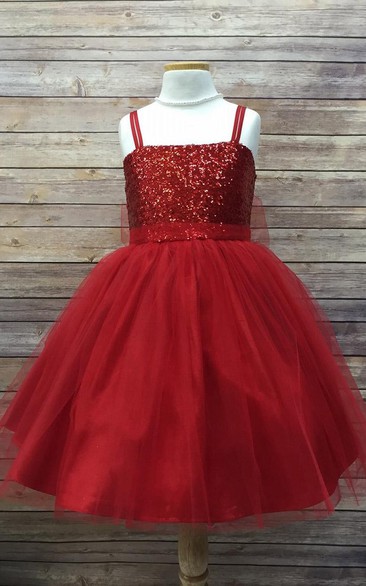 Spaghetti Tea-Length Tulle&Sequins Flower Girl Dress