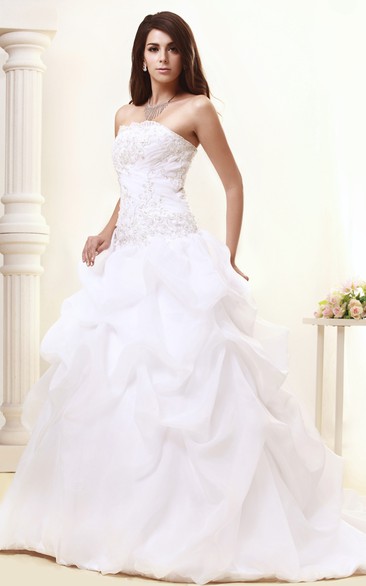 Graceful Strapless Pick-Up Beaded Gown With Appliques