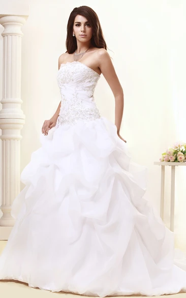 Graceful Strapless Pick-Up Beaded Gown With Appliques