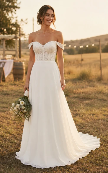 Off-the-Shoulder Chiffon Country Wedding Dress with Lace Bodice and Train