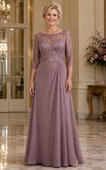 Vintage Mauve Illusion Lace Mother Gown Vintage Mauve Bateau Jewel A-Line Floor-length