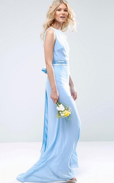 Sheath Sleeveless High Neck Chiffon Bridesmaid Dress With Bow And Deep-V Back