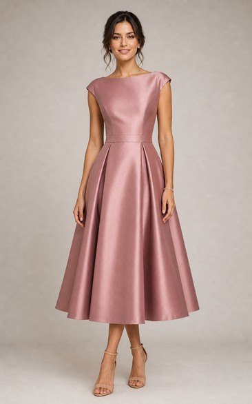 Dusty Rose Satin Bateau Cap Sleeve Tea-Length A-Line Dress