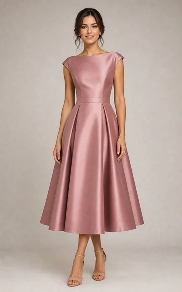 Dusty Rose Satin Bateau Cap Sleeve Tea-Length A-Line Dress