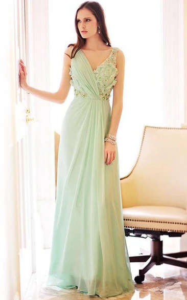 A-Line V-Neck Flowers Beading Evening Dress