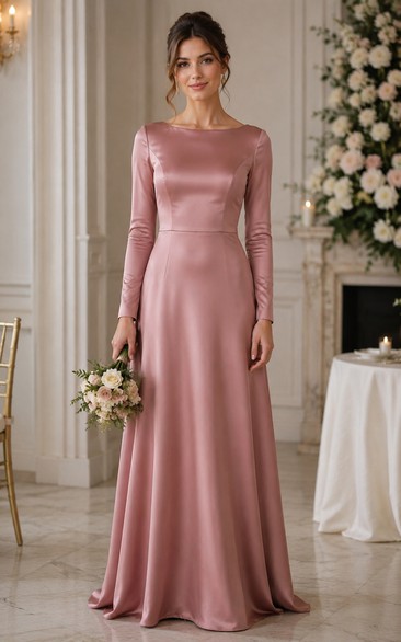Dusty Rose Long Sleeve Satin A-Line Bridesmaid Dress